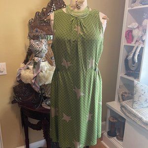 Anthropologie - Girls from Savoy - NWOT 20W Green Silk Dress with Stars